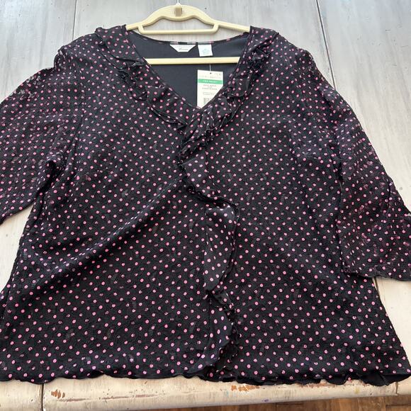 NWT Laura Ashley Black Pink Polka Dot Lace Ruffle Front Shirt Blouse Sz 2X - Picture 1 of 8